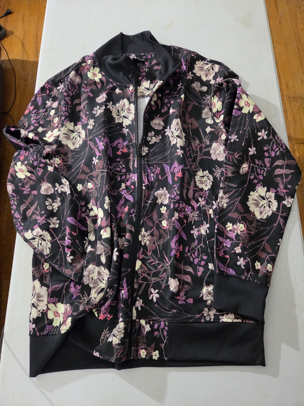 INC International Concepts Black Floral Bomber Jacket with Purple Accents